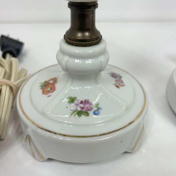 Porcelain Floral Lamps Table Cottagecore Boudoir 12" White Gold Trim Pair 50s? - Picture 3 of 16